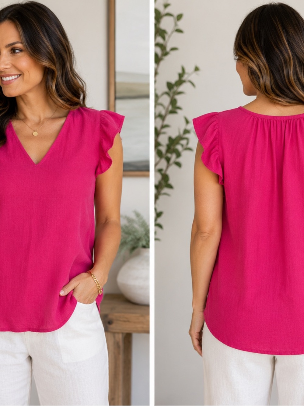 Nicole Miller New York Pink Linen Blend Ruffle Sleeve V-Neck Blouse XL Vacation